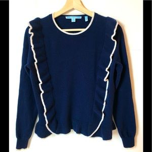 Draper James Women's Nora Wool Cashmere Blue Ruffle Sweater White Trim